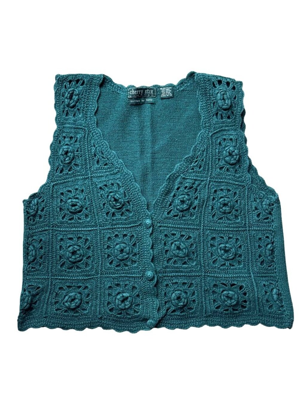 Handknit Green Sweater Vest Buttons Floral Boho Cottage Granny Sz S/M